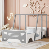 ZNTS Twin Size Car-shaped Bed with Roof,Wooden Twin Floor Bed with wheels and door Design,Montessori 45644784