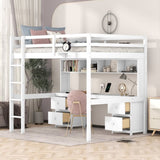 ZNTS Full Size Loft Bed with Desk, Cabinets, Drawers and Bedside Tray, Charging Station, White 26218691