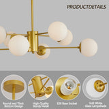 Modern 8-Light Gold Chandelier with White Glass Globe Shades, Mid-Century Branching Design, Elegant W1340P211849