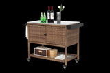 Outdoor Wicker Bar Cart, Patio Wine Serving Cart w/Wheels, Rolling Rattan Beverage Bar Counter Table W640P256899
