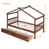 ZNTS Twin Size Wooden House Bed with Drawers, Walnut WF300799AAL