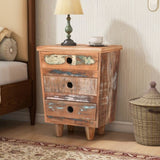 End Table Recycled Wood Nightstand, Side Table with 3 Drawers, Vintage Natural Bedside Table for N779P221145N