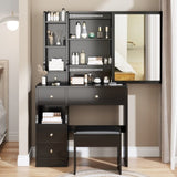 ZNTS Small Space Left Drawer Desktop Vanity Table + Cushioned Stool, Extra Large Right sliding mirror, W936P176490