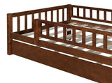 Twin Size Wood Daybed with Trundle and Fence Guardrails, Walnut WF301862AAL