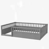 ZNTS Full Floor Bed Frame with Fence, Wood Kids Floor Beds Frame for Bedroom Playroom,Gray W2593P164751