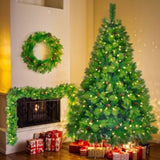 6FT Grass Green Christmas Tree, Large Branches Pine Tree, Pre-Lit Set with Tree & Garland & Wreath, N704P198445F
