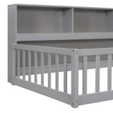 Twin Floor Bed with Bedside Bookcase,Shelves,Guardrails,Grey W504142770