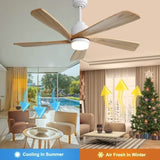 ZNTS 52 Inch Indoor Ceiling Fan With Dimmable LED Light 5 Solid Wood Blades Remote Control Reversible DC W882P146360