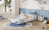 ZNTS Wooden Race Car Bed,Car-Shaped Platform Twin Bed with Wheels For Teens,White & Blue WF310553AAK