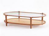 2-Tier Oval Coffee Table, Water Ripple Glass Top, PE Rattan & Iron Frame, 20594720
