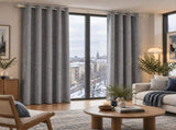 2pcs dark grey 100% blackout curtains with snap-on top, suitable for hanging use. They have 98328348
