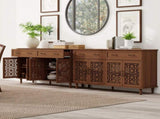 Vintage Sideboard Buffet Cabinet with Hand-Carved Hollow Doors, Distressed Light Wood Finish, 2 W688P359947