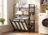 BlackRustic Brown Tilt-Out Laundry Hamper, MetalEngineered Wood with Shelves & 4 S-Hooks 20089537