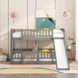 ZNTS Bunk Bed with Slide,Twin Over Twin Low Bunk Bed with Fence and Ladder for Toddler Kids Teens Grey 39928459