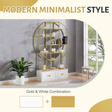 70.8 Inch Round Office Bookcase Bookshelf, Display Shelf, Two Drawers, Gold Frame WF306850AAG