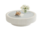 31.5" Fluted Round Storage Table - Tempered Glass Top & Premium Leather Wrapped, Modern White W3158P450848