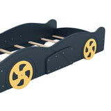 Twin Size Race Car-Shaped Platform Bed with Wheels and Storage, Dark BlueYellow WF305759AAC