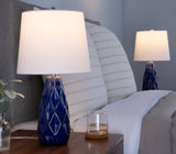 Hex 20" Contemporary Ceramic Accent Lamp in Estate Blue Ceramic, Polished Nickel and White Linen B202P224019
