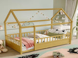 Twin Size Floor Wooden Bed with House Roof Frame, Fence Guardrails, W1858P310084