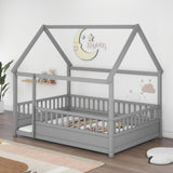 Full Size Floor Wooden Bed with House Roof Frame, Fence Guardrails,Grey W1858123988
