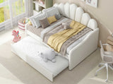 Full Size Upholstery Daybed Frame with Shall Shaped Backrest and Trundle,White 05415103