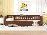 Twin Size Wood Daybed with Trundle and Fence Guardrails, Walnut WF301862AAL