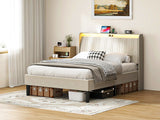 Queen Size Platform Bed Frame with Fabric Headboard and Wooden Slats Support, Fully W2889P272596