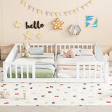 Double Twin Floor Bed with Fence, Guardrails, without door, White W504P143286