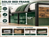 King Size Metal Wood Platform Bed Frame, 3-Panel Fire Burnt Brown Wood Grain Headboard with LED 14182096