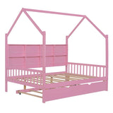 ZNTS Wooden Full Size House Bed with Trundle,Kids Bed with Shelf,Pink WF297070AAH