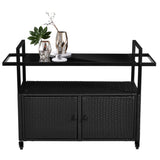 ZNTS Outdoor Bar Cart Table, Large Wicker Island Rolling Cart, Wheeled Buffet Serving Cart with Glass Top 27563014