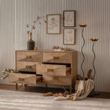 47.24" Light Wood 6-Drawer Dresser - Geometric Relief Chest of Drawers with Gold Metal Legs, Modern W3158P307447