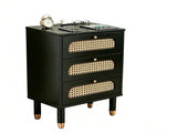 3-Drawer Nightstand with Woven Rattan Fronts and Built-in Power Outlet 15.75"*13.78"*23.82" Black 43527562