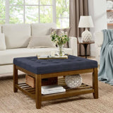 Upholstered Coffee Table Tufted Linen Large Square Ottoman with Beech Wood Shelf and Frame, W2353P183873