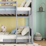 Twin Over Twin House Floor Bed with Headboards, Footboards and Guardrails, Ladder, Rubber Wood W504P227934