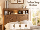 Queen size bed frame headboard with LED lights and charging station cushion platform bed frame, W636P566598