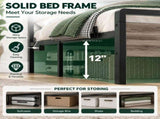 King Size Metal Wood Platform Bed Frame, 3-Panel Wash Grey Wood Grain Headboard with LED Light & 86125033