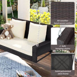 GO 2-Person Wicker Hanging Porch Swing with Chains, Cushion, Pillow, Rattan Swing Bench for Garden, WF285005AAD