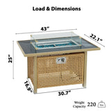 K&K 43" Propane Gas Fire Pit Table, 60000 BTU Rectangular Open Weave Wicker Fire Pit with Glass Wind N707P210158Z