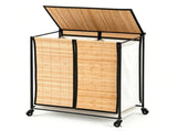 Compact Rolling Bamboo Laundry Hamper with Lid, 2 Sorting Compartments Removable Oxford Liner Bags 81509674