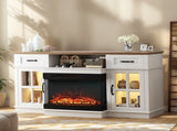 58 Inch Black Gold Oak Fireplace TV Stand with 25 Inch Insert, 2 Doors 2 Drawers & Glass Shelves, 24554748