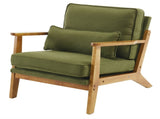 Mid-Century Oak Accent Chair - Linen-Cotton Forest Green Upholstered Single Lounge Chair, Indoor 45317043