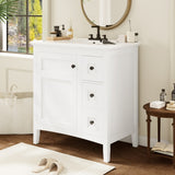30 Inch Vanity with Ceramic Sink, White with 3 Drawers, Solid Wood Frame Modern N710P252105K