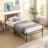 Twin Size metal bedframe,Headboard with wood panel decoration,black W2297P281490