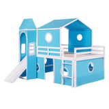 ZNTS Full Size Loft Bed with Slide Blue Tent and Tower - Blue WF298771AAC