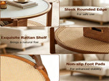 Walnut Boho 2Tier Round Coffee Table, PE Rattan Accent Side Table with Tempered Glass Top, Solid 57774693