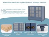Minimalist Blue Buffet Cabinet with Double Glass Doors and Drawer, Modern Wooden Storage Sideboard W2557P307944