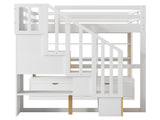Full Size Loft Bed with Desk and Shelves, Two Built-in Drawers, Storage Staircase, White and Natural 04858801