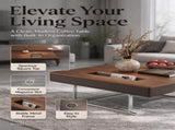35.43" Square Walnut Coffee Table with Thickened Tabletop, Saddle Leather-Wrapped Edge and Polished W5909P583165