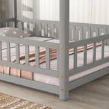 ZNTS Full Size Floor Wooden Bed with House Roof Frame, Fence Guardrails ,Grey 34864864